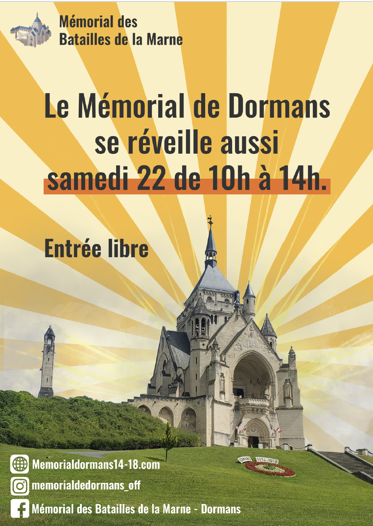 affiche montrant me mémorial avec des rayons de soleil; texte de l'affiche : Le Mémorial de Dormans se réveille aussi samedi 22 de 10h à14h