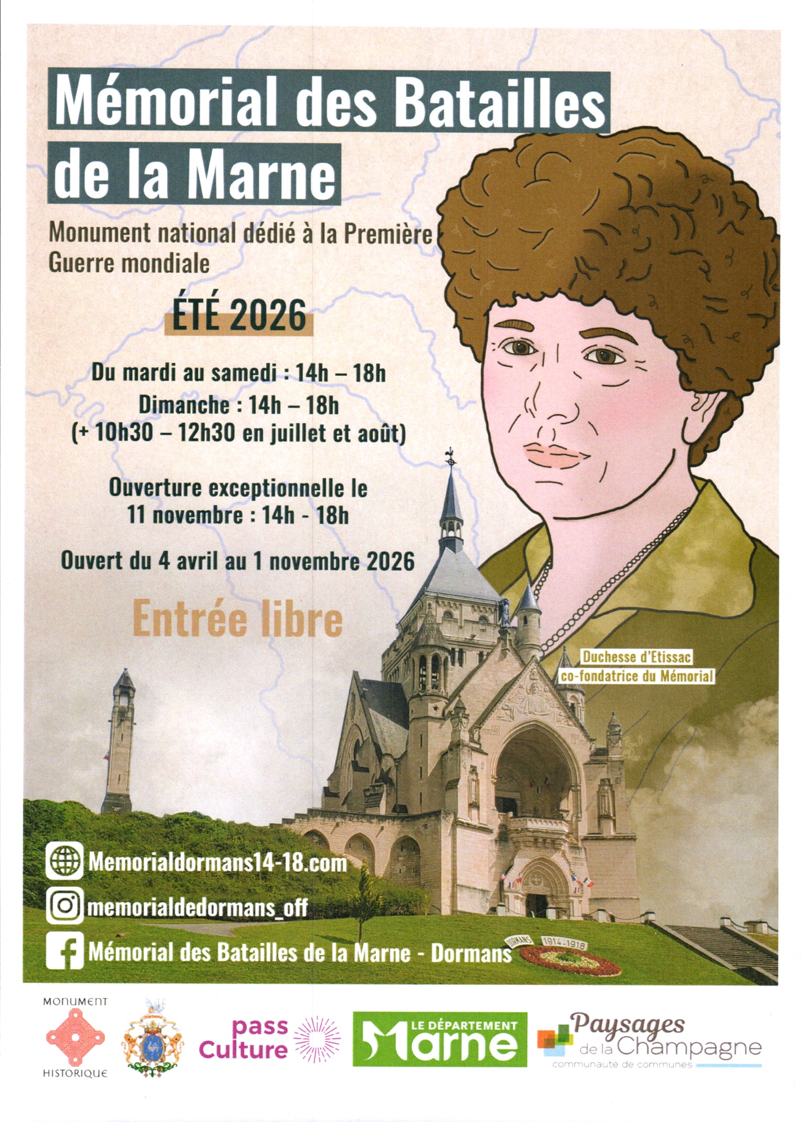 le portrait de l duchesse d'estissac co-fondatrice du Mémorial surplombe le Mémorial . Les indications pratiques sont inscrites en arrière-plan